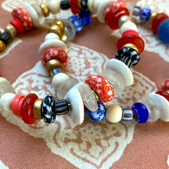Handmade bracelet set, red,white, blue, African glass beads 2 bracelets … - Picture 3 of 14